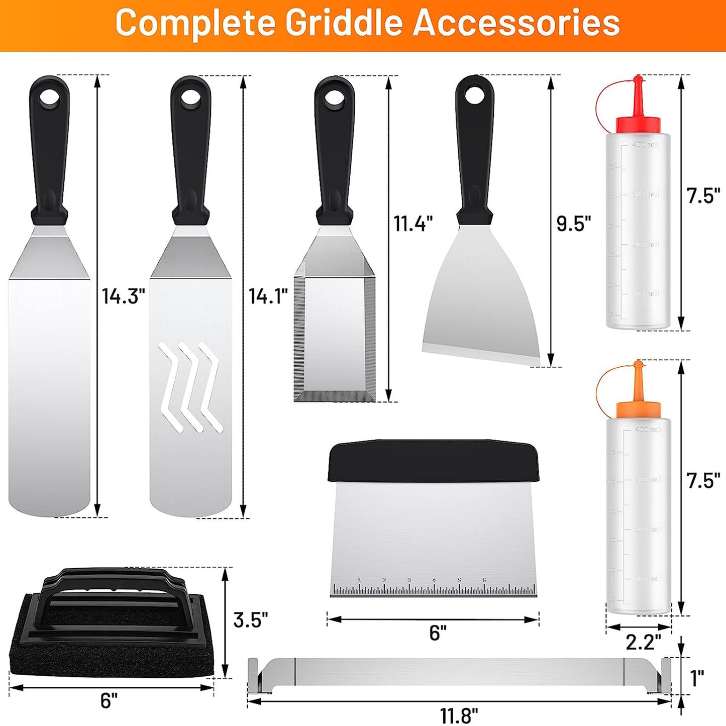 Blackstone Griddle Accessories, 10 Pcs Flat Top BBQ Grill Tool Set Extra-Thick Stainless Steel Grill Accessories for Camping Backyard Barbecue